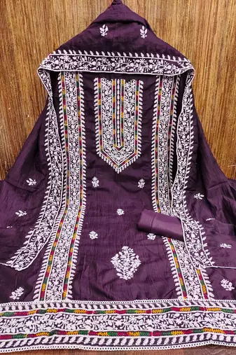 purple silk blend embroidered unstitched dressmaterials 3 pair top bottom dupptaa