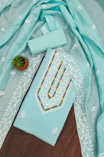 sky silk blend embroidered unstitched dressmaterials 3 pair top bottom dupptaa