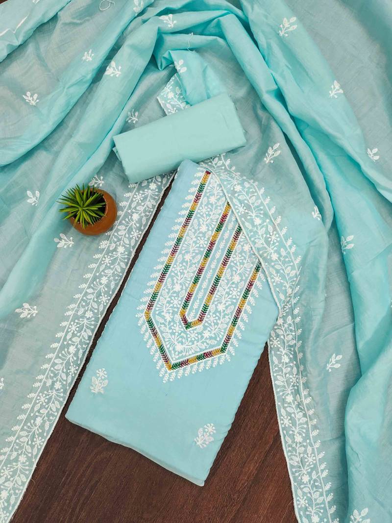sky silk blend embroidered unstitched dressmaterials 3 pair top bottom dupptaa