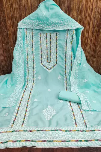 sky silk blend embroidered unstitched dressmaterials 3 pair top bottom dupptaa