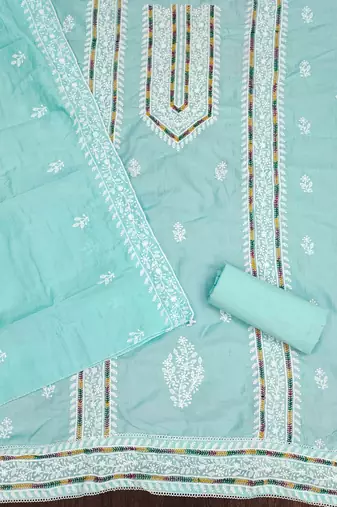 sky silk blend embroidered unstitched dressmaterials 3 pair top bottom dupptaa