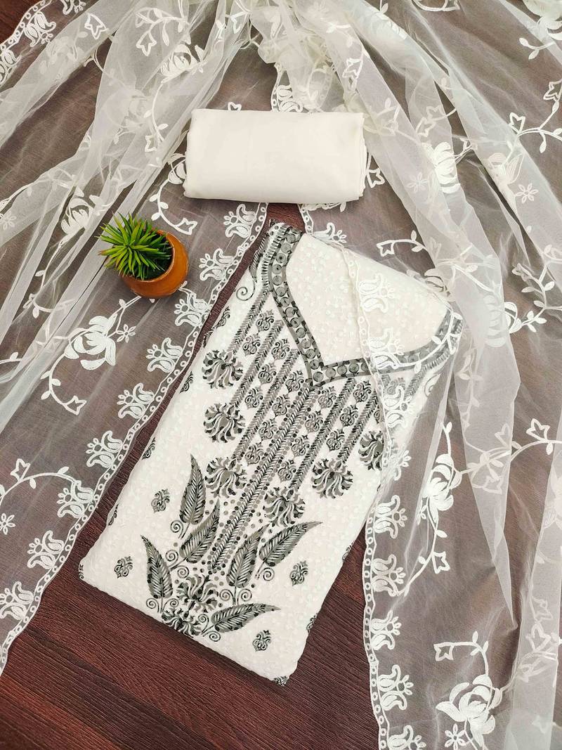 black georgette embroidered unstitched dressmaterials 3 pair top bottom dupptaa