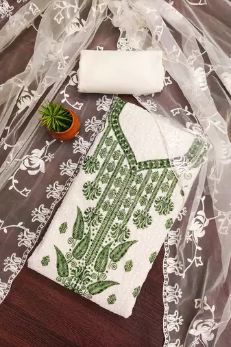 green georgette embroidered unstitched dressmaterials 3 pair top bottom dupptaa