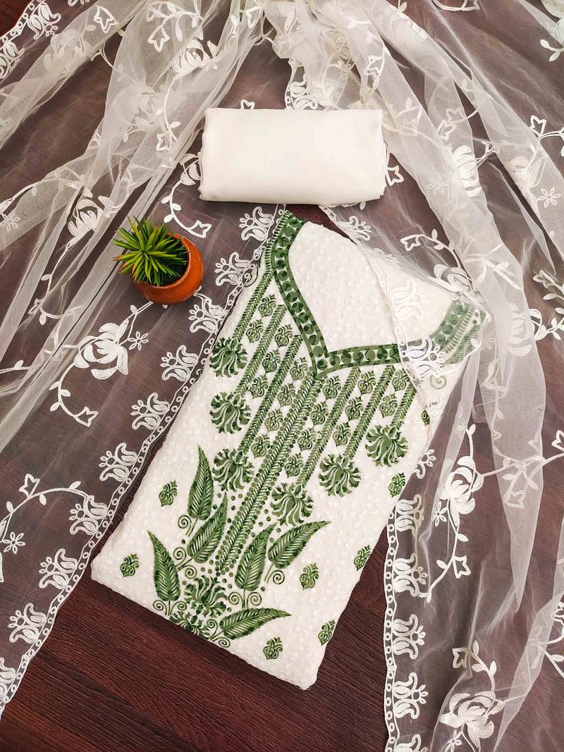 green georgette embroidered unstitched dressmaterials 3 pair top bottom dupptaa