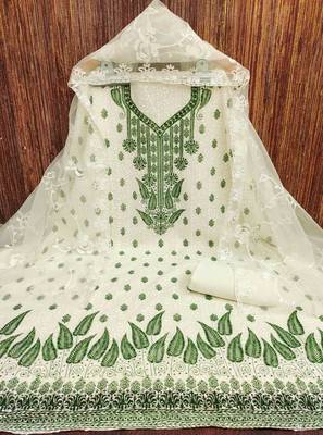 green georgette embroidered unstitched dressmaterials 3 pair top bottom dupptaa 2