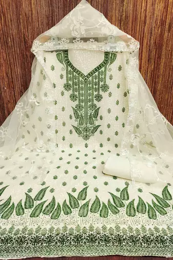 green georgette embroidered unstitched dressmaterials 3 pair top bottom dupptaa