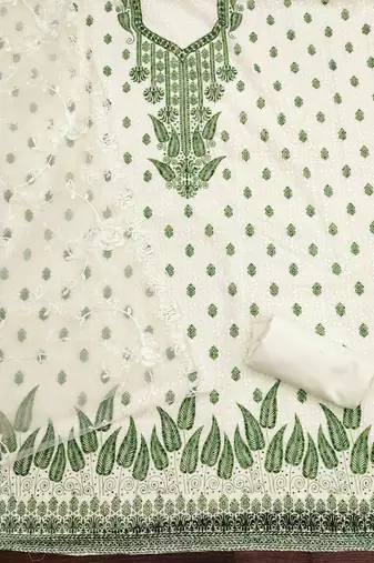 green georgette embroidered unstitched dressmaterials 3 pair top bottom dupptaa