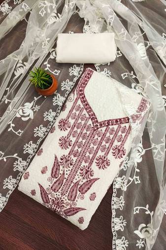 maroon georgette embroidered unstitched dressmaterials 3 pair top bottom dupptaa