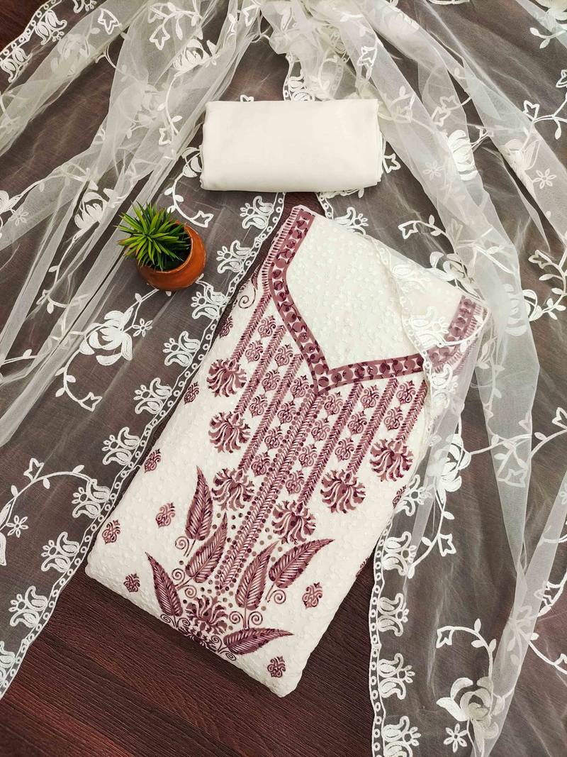 maroon georgette embroidered unstitched dressmaterials 3 pair top bottom dupptaa