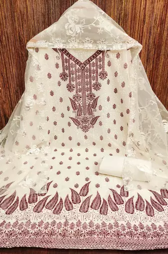 maroon georgette embroidered unstitched dressmaterials 3 pair top bottom dupptaa