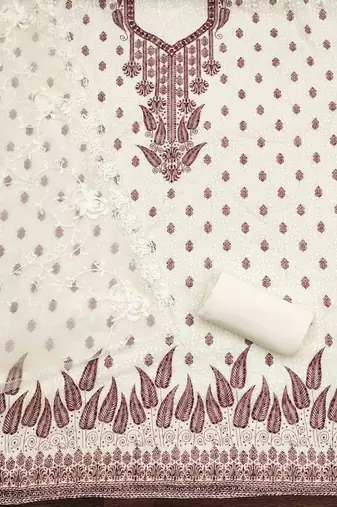 maroon georgette embroidered unstitched dressmaterials 3 pair top bottom dupptaa