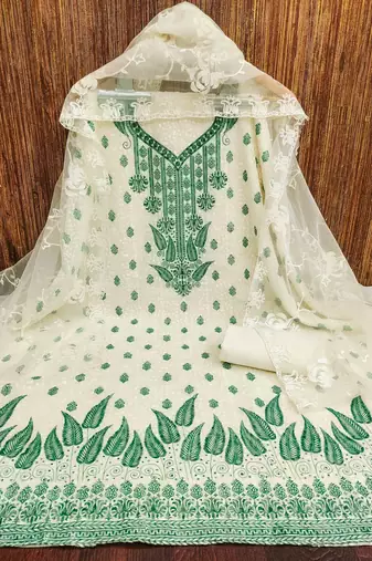 sky georgette embroidered unstitched dressmaterials 3 pair top bottom dupptaa