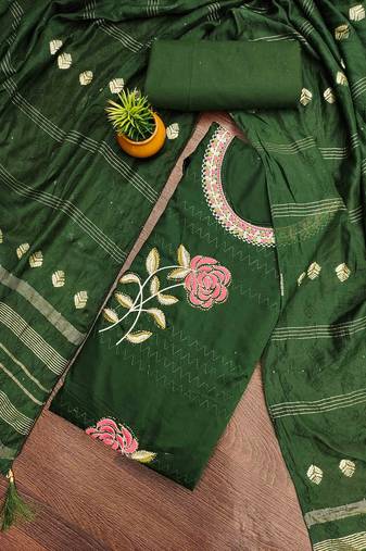 green cotton blend embroidered unstitched dressmaterials 3 pair top bottom dupptaa