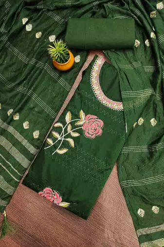 green cotton blend embroidered unstitched dressmaterials 3 pair top bottom dupptaa
