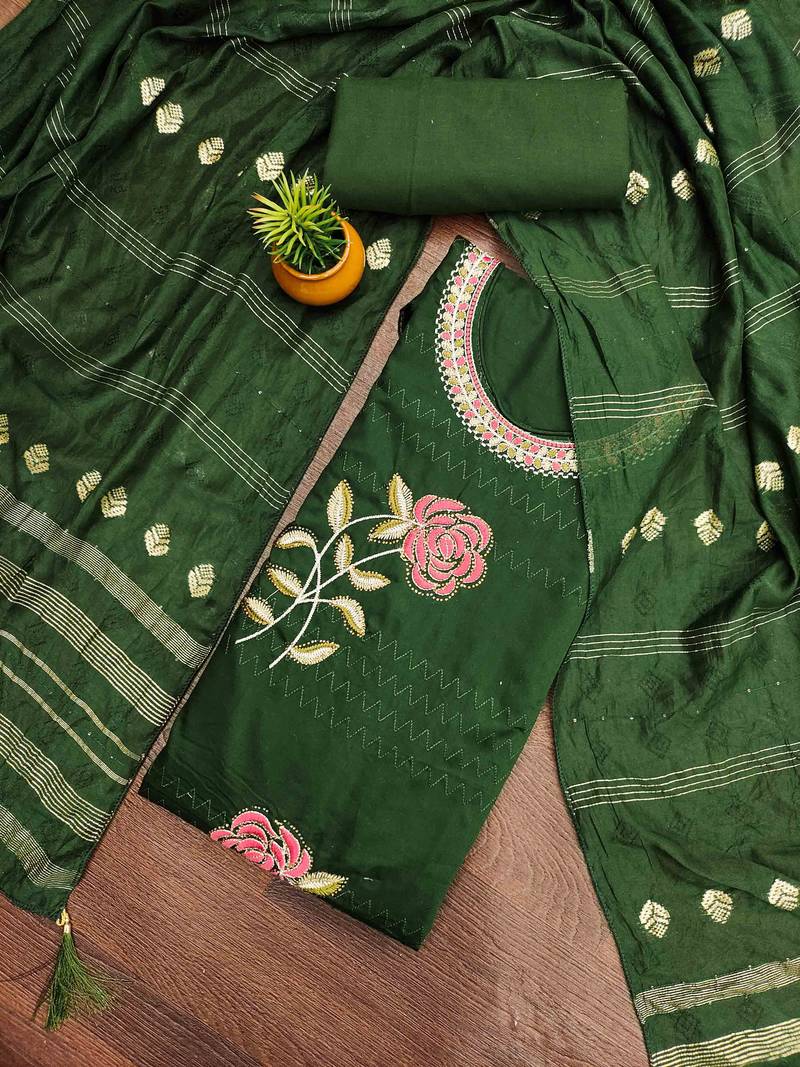 green cotton blend embroidered unstitched dressmaterials 3 pair top bottom dupptaa