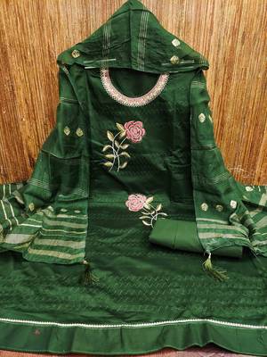 green cotton blend embroidered unstitched dressmaterials 3 pair top bottom dupptaa 2