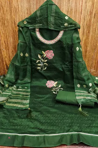 green cotton blend embroidered unstitched dressmaterials 3 pair top bottom dupptaa