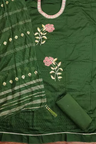 green cotton blend embroidered unstitched dressmaterials 3 pair top bottom dupptaa