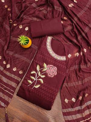 maroon cotton blend embroidered unstitched dressmaterials 3 pair top bottom dupptaa 1