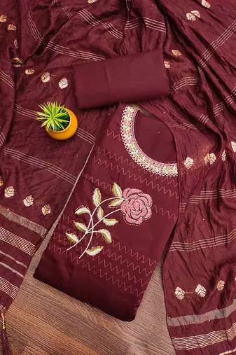 maroon cotton blend embroidered unstitched dressmaterials 3 pair top bottom dupptaa
