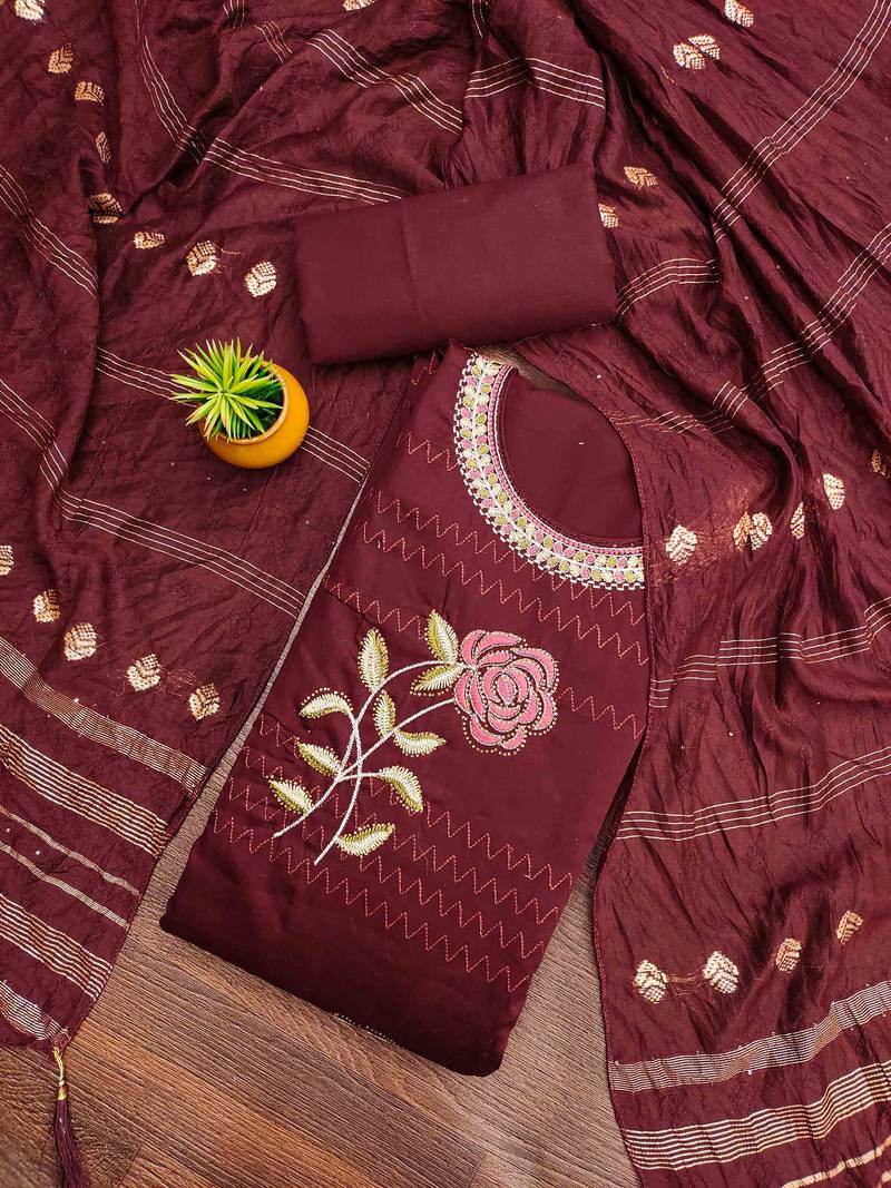 maroon cotton blend embroidered unstitched dressmaterials 3 pair top bottom dupptaa