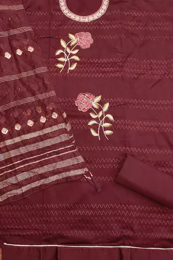 maroon cotton blend embroidered unstitched dressmaterials 3 pair top bottom dupptaa