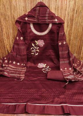 maroon cotton blend embroidered unstitched dressmaterials 3 pair top bottom dupptaa 3