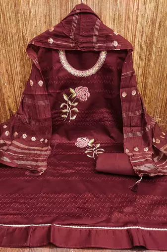 maroon cotton blend embroidered unstitched dressmaterials 3 pair top bottom dupptaa