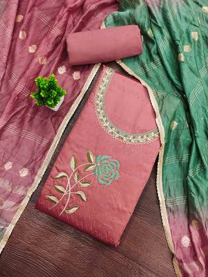 pink cotton blend embroidered unstitched dressmaterials 3 pair top bottom dupptaa 1
