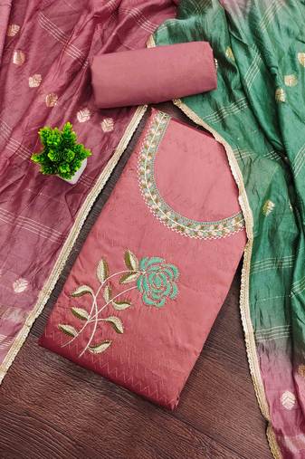 pink cotton blend embroidered unstitched dressmaterials 3 pair top bottom dupptaa