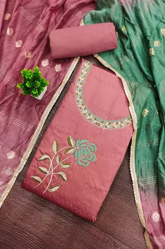 pink cotton blend embroidered unstitched dressmaterials 3 pair top bottom dupptaa