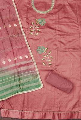 pink cotton blend embroidered unstitched dressmaterials 3 pair top bottom dupptaa 2