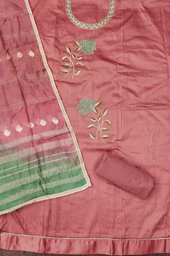 pink cotton blend embroidered unstitched dressmaterials 3 pair top bottom dupptaa