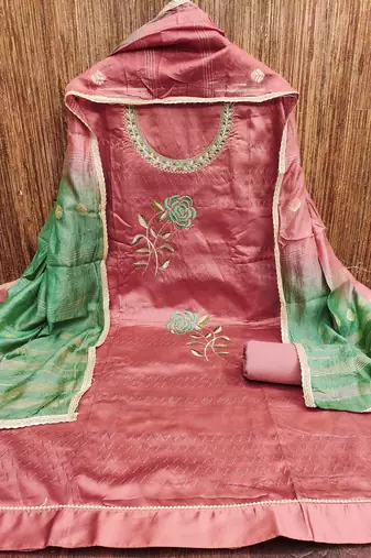 pink cotton blend embroidered unstitched dressmaterials 3 pair top bottom dupptaa