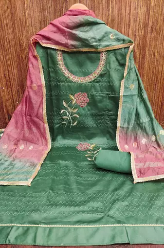 sea green cotton blend embroidered unstitched dressmaterials 3 pair top bottom dupptaa