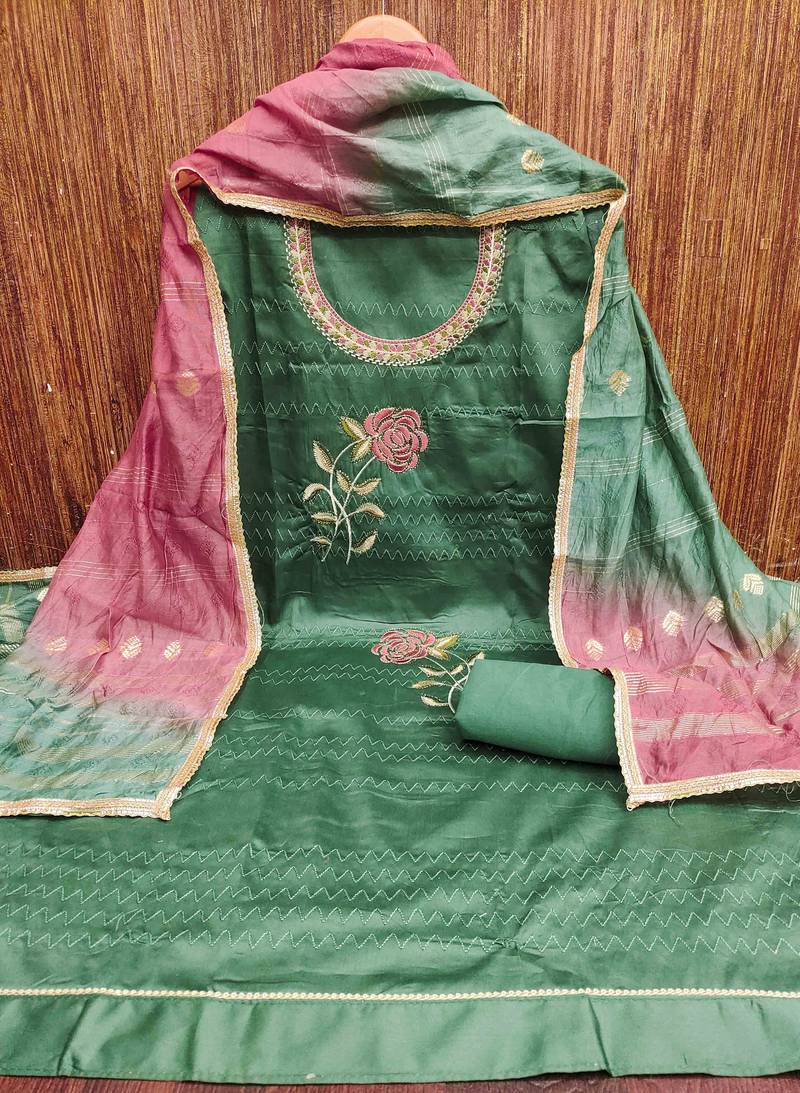 sea green cotton blend embroidered unstitched dressmaterials 3 pair top bottom dupptaa