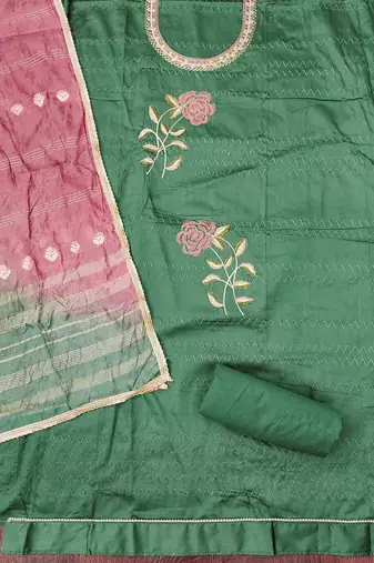 sea green cotton blend embroidered unstitched dressmaterials 3 pair top bottom dupptaa
