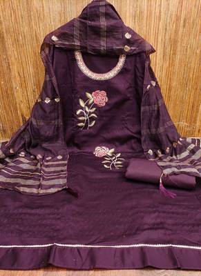 wine cotton blend embroidered unstitched dressmaterials 3 pair top bottom dupptaa 2