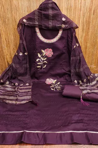 wine cotton blend embroidered unstitched dressmaterials 3 pair top bottom dupptaa