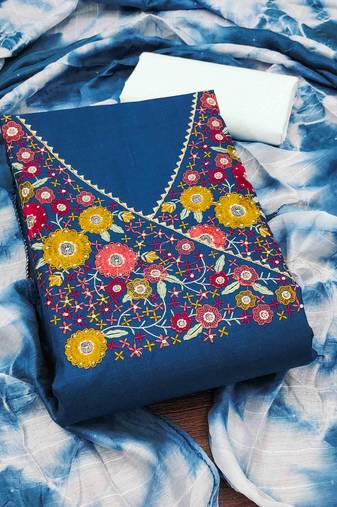 blue cotton blend embroidered unstitched dressmaterials 3 pair top bottom dupptaa