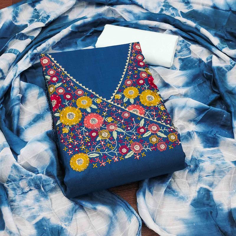 blue cotton blend embroidered unstitched dressmaterials 3 pair top bottom dupptaa