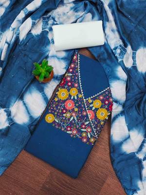 blue cotton blend embroidered unstitched dressmaterials 3 pair top bottom dupptaa 2