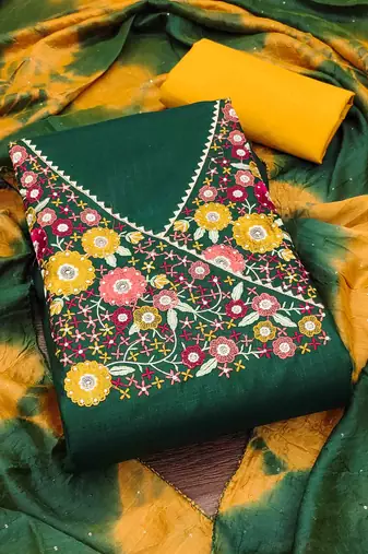 green cotton blend embroidered unstitched dressmaterials 3 pair top bottom dupptaa