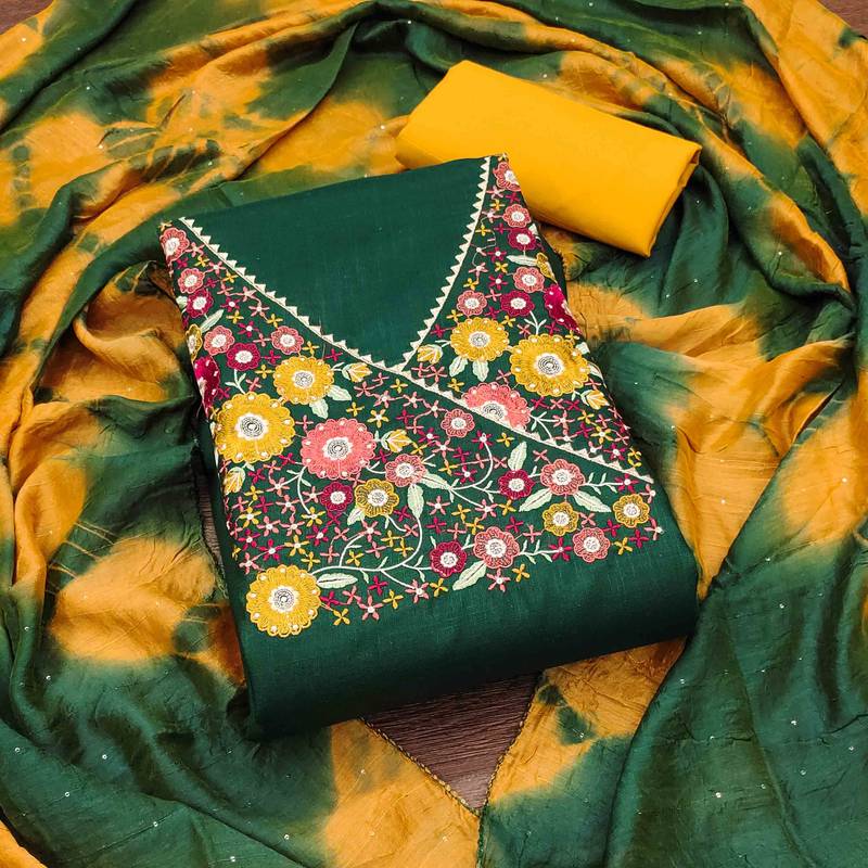 green cotton blend embroidered unstitched dressmaterials 3 pair top bottom dupptaa