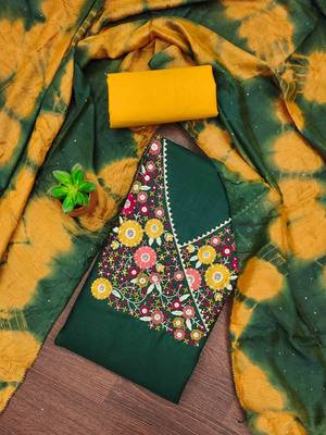 green cotton blend embroidered unstitched dressmaterials 3 pair top bottom dupptaa 2