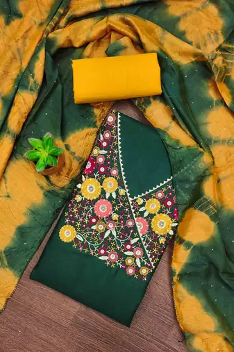 green cotton blend embroidered unstitched dressmaterials 3 pair top bottom dupptaa