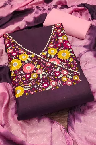 purple cotton blend embroidered unstitched dressmaterials 3 pair top bottom dupptaa
