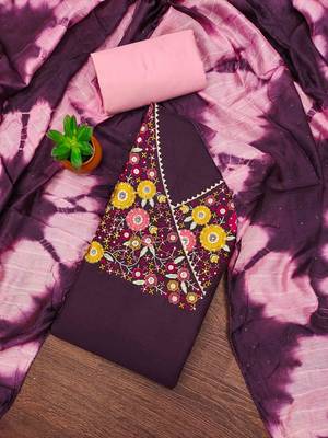 purple cotton blend embroidered unstitched dressmaterials 3 pair top bottom dupptaa 2