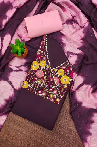 purple cotton blend embroidered unstitched dressmaterials 3 pair top bottom dupptaa