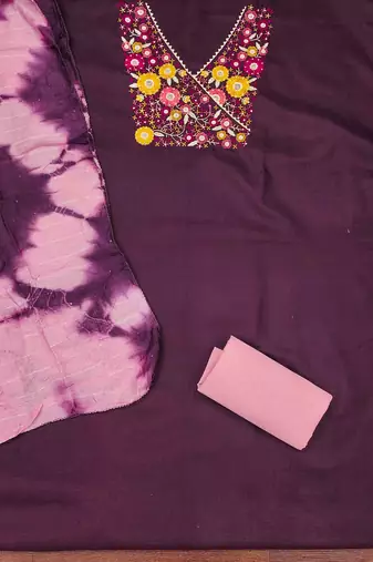 purple cotton blend embroidered unstitched dressmaterials 3 pair top bottom dupptaa